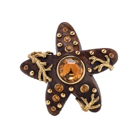 SEAMAN SCHEPPS, WOOD, CITRINE, AND YELLOW GOLD STARFISH BROOCH
