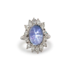 STAR SAPPHIRE, DIAMOND AND PLATINUM RING