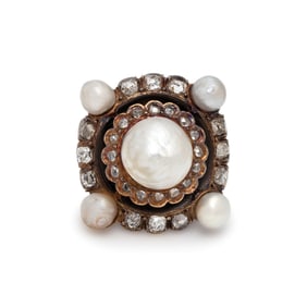 ANTIQUE, NATURAL PEARL AND DIAMOND RING