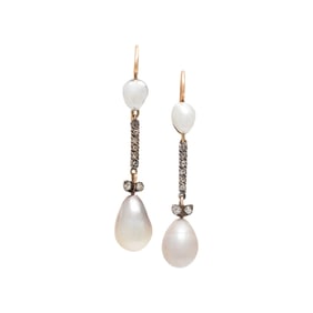 RUSSIAN, NATURAL PEARL AND DIAMOND EARRINGS