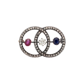 AUSTRIAN, ANTIQUE, RUBY, SAPPHIRE, AND DIAMOND BROOCH