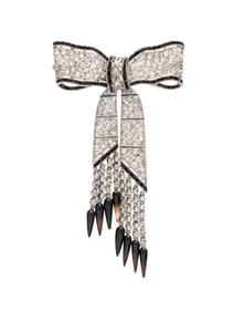 GATTLE, ART DECO, DIAMOND, BLACK ONYX, AND AGATE BOW BROOCH