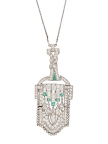 ART DECO, DIAMOND AND EMERALD PENDANT NECKLACE