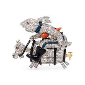 VINTAGE, DIAMOND, ENAMEL AND CORAL RACING RABBIT BROOCH