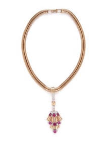 TIFFANY & CO., RETRO, RUBY AND DIAMOND PENDANT WITH GOLD CHAIN