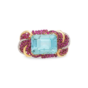RETRO, AQUAMARINE, RUBY, AND DIAMOND BROOCH PENDANT