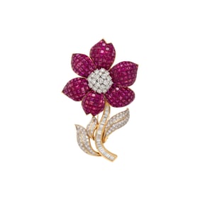 RUBY AND DIAMOND FLOWER BROOCH