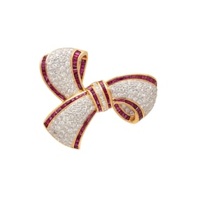 DIAMOND AND RUBY BOW BROOCH