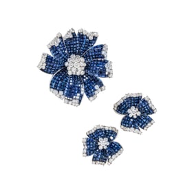 FRED, PARIS, SAPPHIRE AND DIAMOND FLOWER EARRINGS AND BROOCH