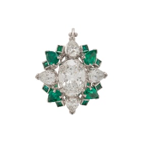 DIAMOND, EMERALD AND PLATINUM RING PENDANT
