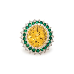 CARTIER, YELLOW SAPPHIRE, EMERALD, AND DIAMOND RING
