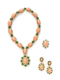 VAN CLEEF & ARPELS, CORAL, DIAMOND, AND EMERALD JEWELRY SUITE