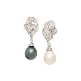 CULTURED PEARL, DIAMOND, AND PLATINUM EARRINGS