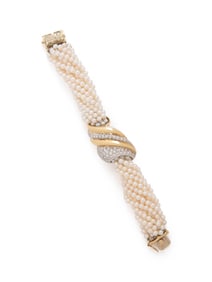 YELLOW GOLD, CULTURED PEARL, AND DIAMOND BRACELET