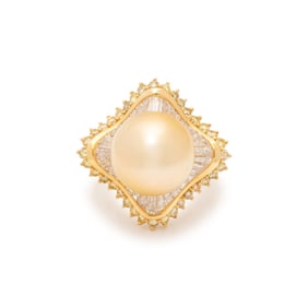 GOLDEN CULTURED PEARL, DIAMOND, AND YELLOW DIAMOND RING