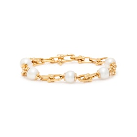 TIFFANY & CO., YELLOW GOLD AND CULTURED PEARL 'HARDWEAR LINK' BRACELET