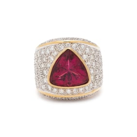 RUBELLITE, DIAMOND, AND BICOLOR GOLD RING