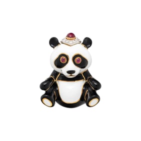 DAVID WEBB, ENAMEL AND RUBY PANDA BEAR BROOCH