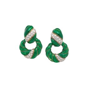 DAVID WEBB, GREEN ENAMEL AND DIAMOND EARRINGS