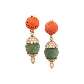 VAN CLEEF & ARPELS, CORAL AND JADE EARRINGS