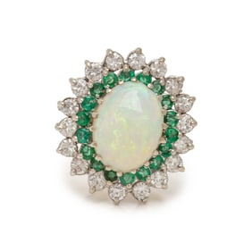 OPAL, EMERALD, AND DIAMOND RING