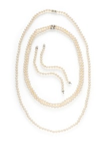 THREE CULTURED PEARL AND DIAMOND NECKLACES WITH TWO BRACELETS