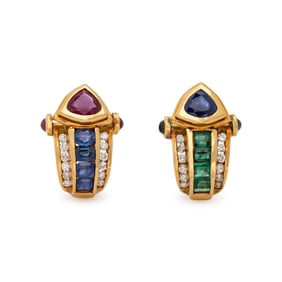 RUBY, SAPPHIRE, EMERALD, AND DIAMOND EARRINGS