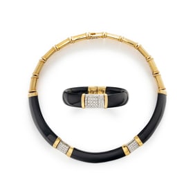 CARDI MILANO, YELLOW GOLD, ONYX, AND DIAMOND JEWELRY SET
