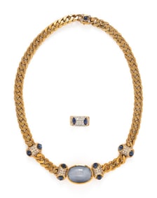 NIVA, YELLOW GOLD, SAPPHIRE, AND DIAMOND NECKLACE AND RING
