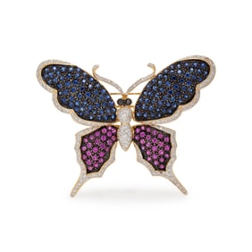SAPPHIRE, RUBY, AND DIAMOND BUTTERFLY BROOCH PENDANT