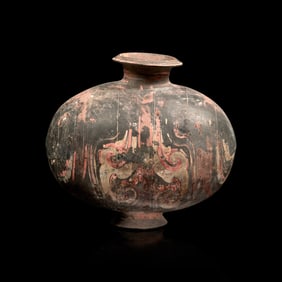 A Large Chinese Painted Pottery Cocoon Jar, Han Dynasty 漢 彩陶茧形