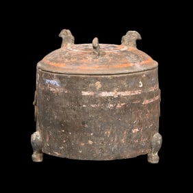 A Chinese Painted Grey Pottery Covered Vessel and Cover, Lian, Han Dynasty 漢 彩繪