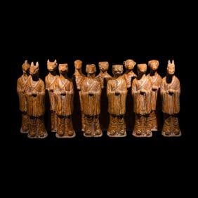 A Set of Twelve Chinese Marbleized Pottery Zodiac Figures, 18th Century or Earlier 清或&