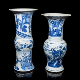 Two Chinese Blue and White Porcelain Yen-Yen Vases, Kangxi Period 清康熙 青&