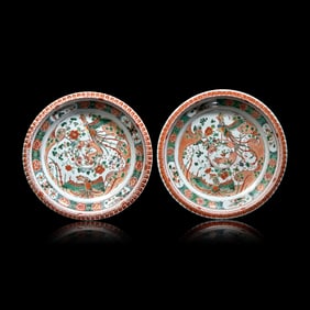 A Pair of Chinese Famille Verte Porcelain 'Phoenix' Dishes, Kangxi Period 清康熙 &