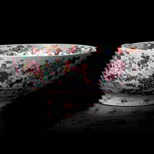 A Large Chinese Famille Rose 'Birds and Flowers' Punch Bowl, Qianlong Period &#28165;&#20094;&#38534: A Large Chinese Famille Rose 'Birds and Flowers' Punch Bowl, Qianlong Period &#28165;&#20094;&#38534; &#31881;&#24425;&#33457;&#40165;&#22294;&#22823;&#30871; Qianlong Period (1735-1796) Decorated wit