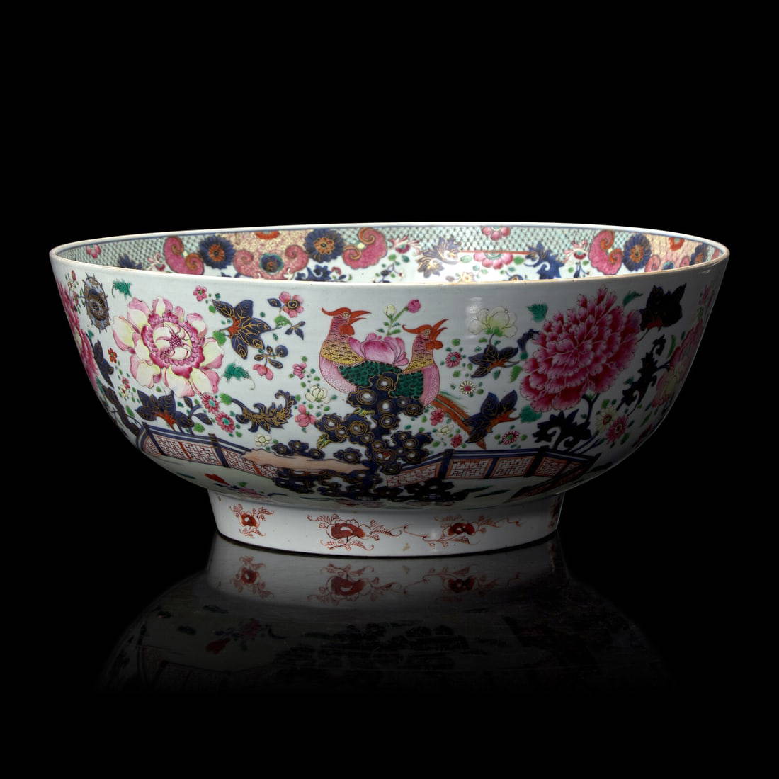 A Large Chinese Famille Rose 'Birds and Flowers' Punch Bowl, Qianlong Period 清乾隆