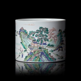 A Chinese Famille Verte Porcelain Brushpot 粉彩山水詩文筆&