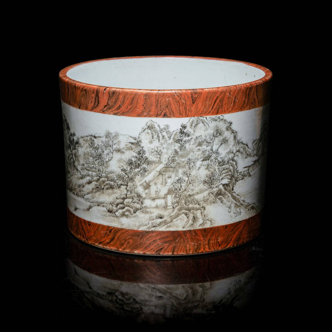 A Chinese Faux Bois and Grisaille Decorated 'Landscape' Brush Pot 仿木紋釉&#