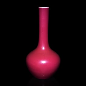 A Small Chinese Ruby Red Glazed Bottle Vase, Qianlong Mark 乾隆款 紅釉