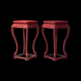 A Pair of Chinese Carved Cinnabar Lacquer Incense Stands, Xiangji 剔紅錦地&#