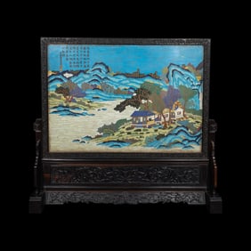 A Large Chinese Cloisonne Enamel and Carved Hardwood Wood Table Screen, 20th Century 近代