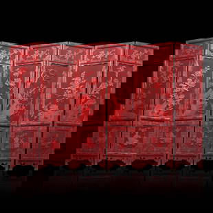 A Chinese Carved Cinnabar Lacquer Six-Panel Floor Screen, 20th Century &#36817;&#20195; &#21076;&#32: A Chinese Carved Cinnabar Lacquer Six-Panel Floor Screen, 20th Century &#36817;&#20195; &#21076;&#32005;&#33457;&#21321;&#22294;&#20845;&#25159;&#23631; 20th Century Each panel decorated with floral a
