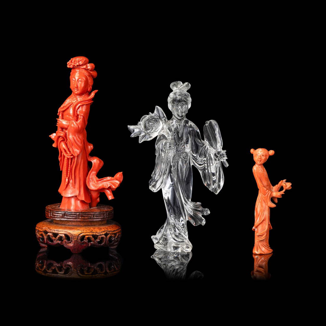 Two Chinese Red Coral Figures and a Rock Crystal Figure 珊瑚及水晶&