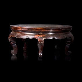 A Chinese Puddingstone Inset Wood Stand 布丁石嵌木座子