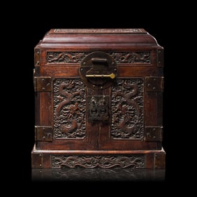 A Small Chinese Carved Hardwood Seal Chest, Modern 現代 硬木雕雲