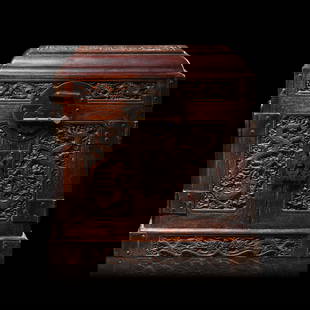 A Small Chinese Carved Hardwood Seal Chest, Modern 現代 硬木雕雲: A Small Chinese Carved Hardwood Seal Chest, Modern 現代 硬木雕雲龍紋官皮箱 Modern With lift lid and twin doors opening to reveal three