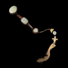 A Chinese Celadon Jade Inset Silver Inlaid Rosewood Ruyi Scepter, Late 19th-20th Century 晚