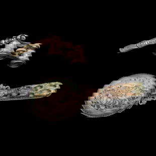 A Chinese White and Russet Jade Inset Hand Mirror and French Mother-of-Pearl Opera Glasses: A Chinese White and Russet Jade Inset Hand Mirror and French Mother-of-Pearl Opera Glasses &#37509;&#23884;&#35997;&#27597;&#27468;&#21127;&#26395;&#36960;&#37857;&#21450;&#37504;&#38002;&#29577;&#251