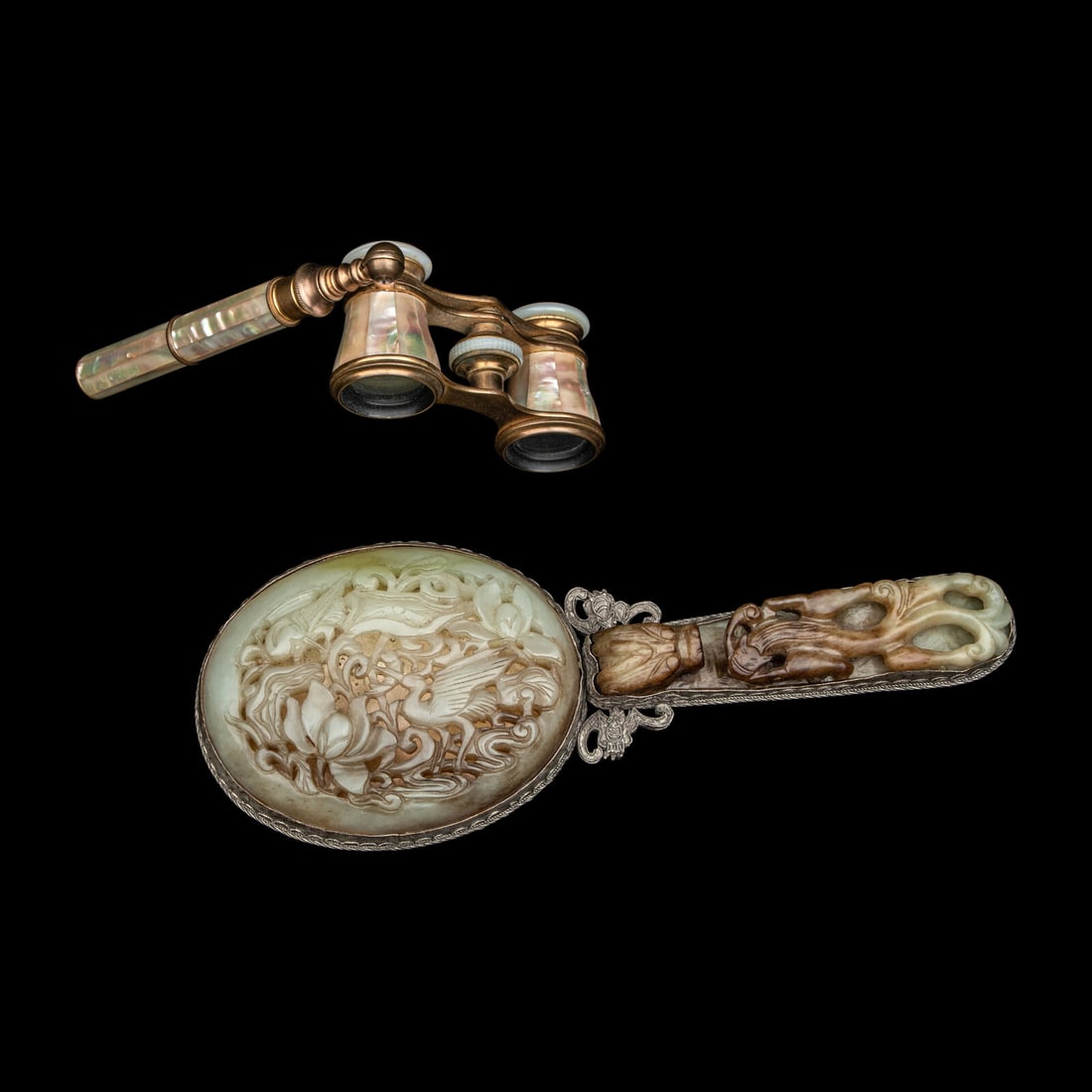 A Chinese White and Russet Jade Inset Hand Mirror and French Mother-of-Pearl Opera Glasses